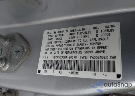 2006 Honda Accord 2.4 Se z USA, uszkodzony, nr VIN 1HGCM56356A126570